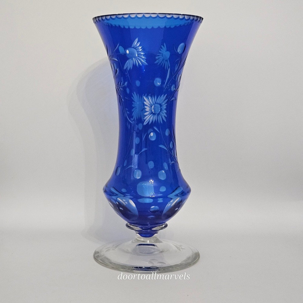 VTG Val St Lambert Footed Vase Cobalt Blue Cut-to-Clear Crystal Europe Art Deco